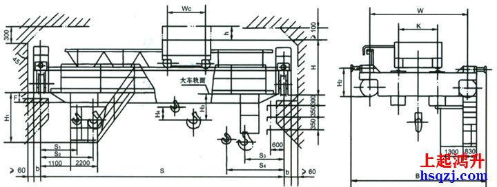 32噸雙梁吊鉤橋式起重機外形結構圖